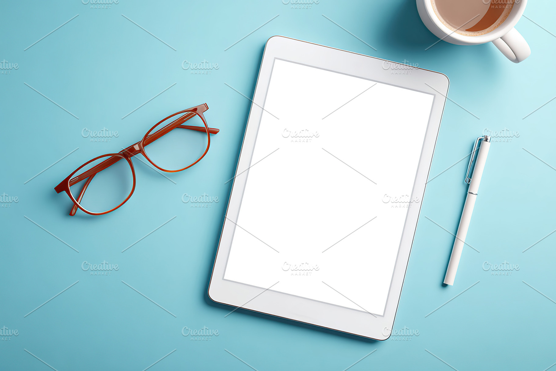 Blank digital interface on a serene workspace with glasses and a coffee cup nea, an Arts & Entertainment Photo by AlyaAnd