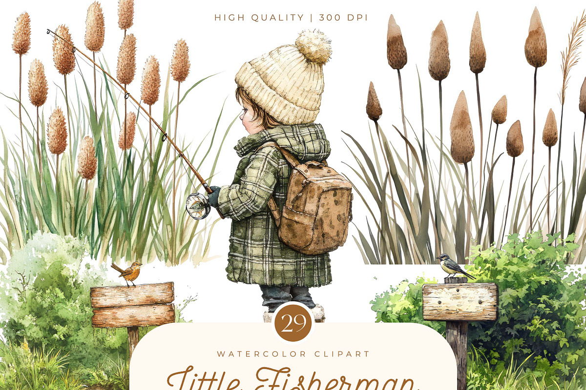 Watercolor Little Fisherman Clipart, a Person Illustration by SparkyDesignsUS (Photo 1 of 8)