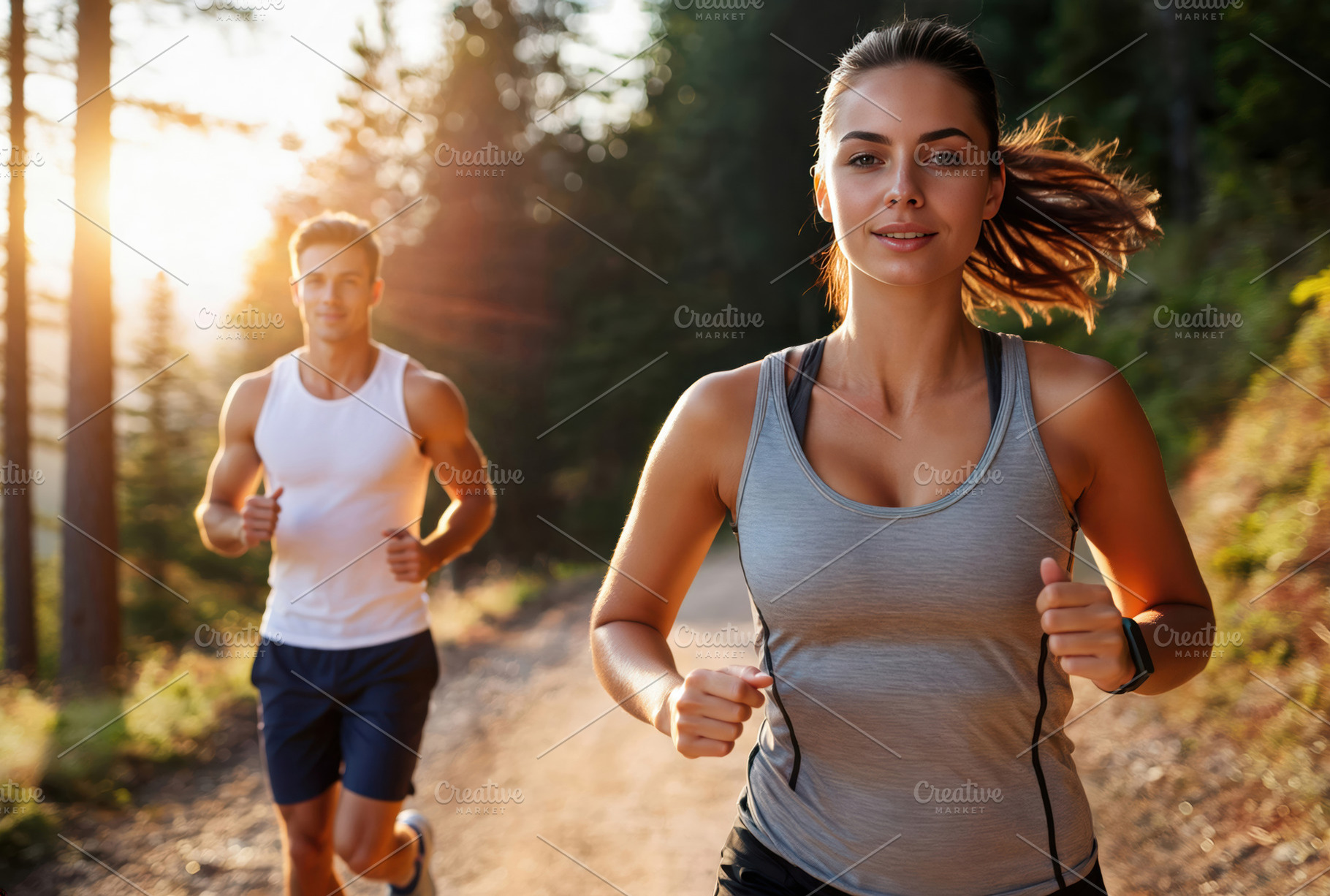 Young Adults Trail Running in Forest at Sunset, a Sports & Recreation Photo by Davizro's Market