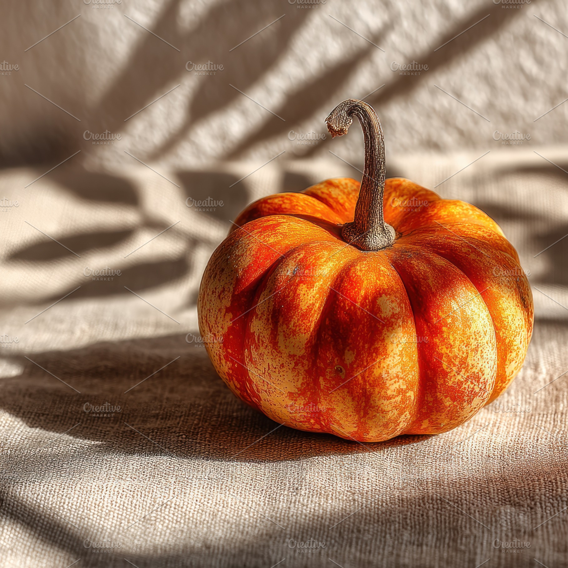 Small orange pumpkin on burlap fabric in warm sunlight with soft, a Holiday Photo by José Manuel Gelpi