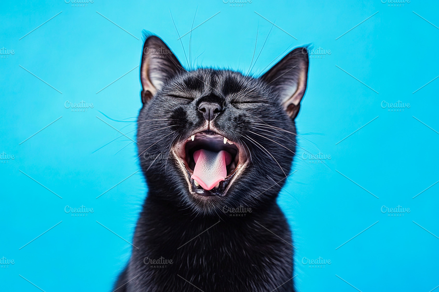 Black Cat Yawning on Blue Background, an Animal Photo by Ales Munt