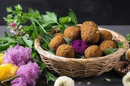 vegetarian food with falafel, a Food & Drink Photo by Virgo Studio