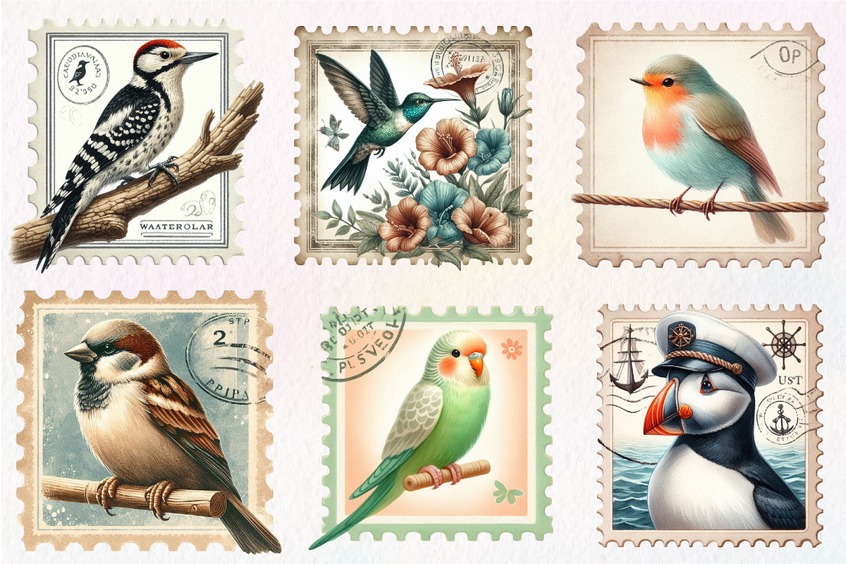 Retro Birds Stamps Postage Clipart, an Illustration by CreationArt (Photo 5 of 5)