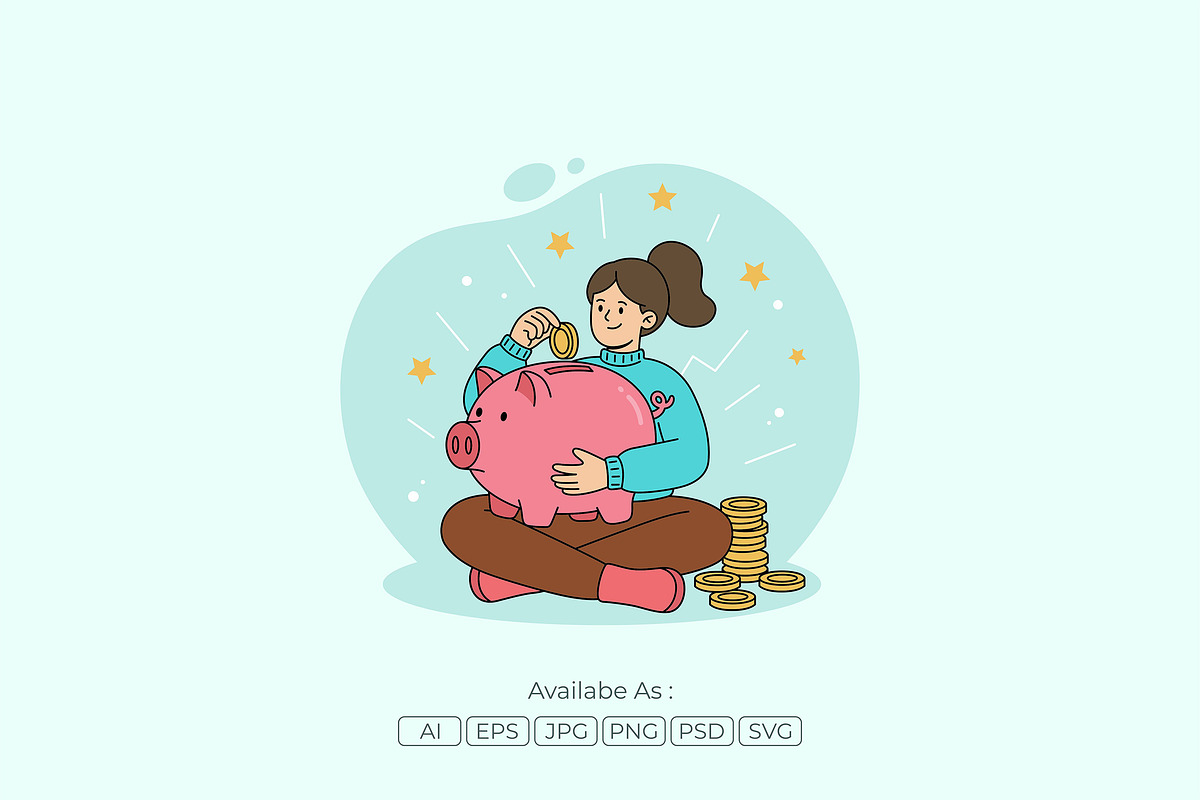 Woman Putting Coin to Piggy Bank, an Object Illustration by Partikusi Design (Photo 2 of 3)