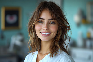 Female dentist smiling in a brightly lit dental clinic during of, a Person Photo by AlyaAnd