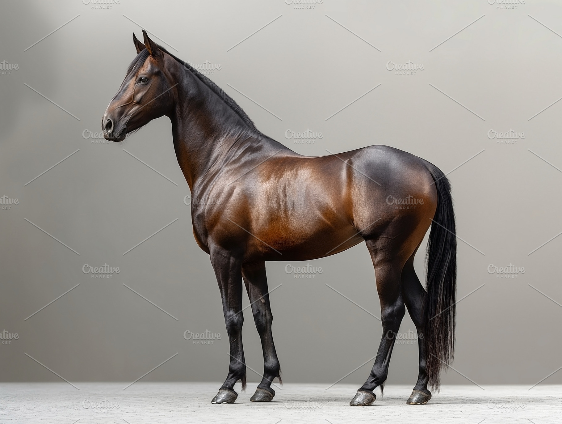 A stunning sleek bay horse stands proudly against a neutral backdrop, showcasin, an Animal Photo by ImageMir