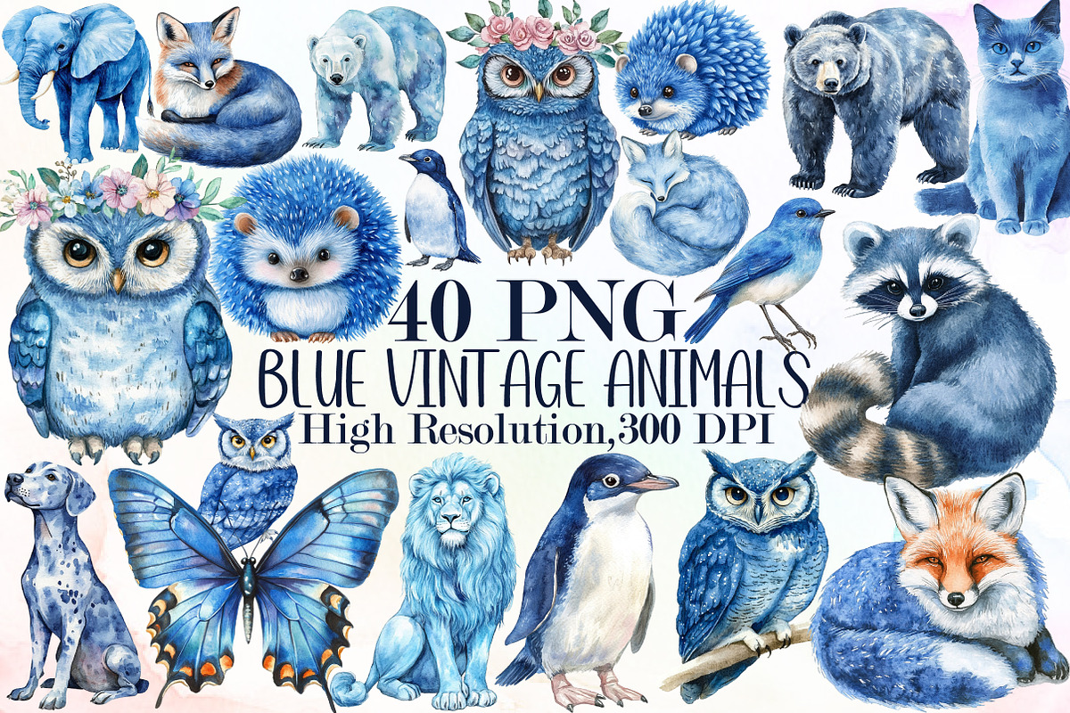 Blue Vintage Animals Bundle, an Illustration by Sublimation Artist (Photo 1 of 6)