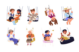 Happy kids swinging on rope swings, a Person Illustration by PaperTrident
