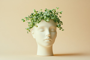 Creative plant-inspired head sculpture on a soft background highlighting nature, a Nature Photo by AlyaAnd