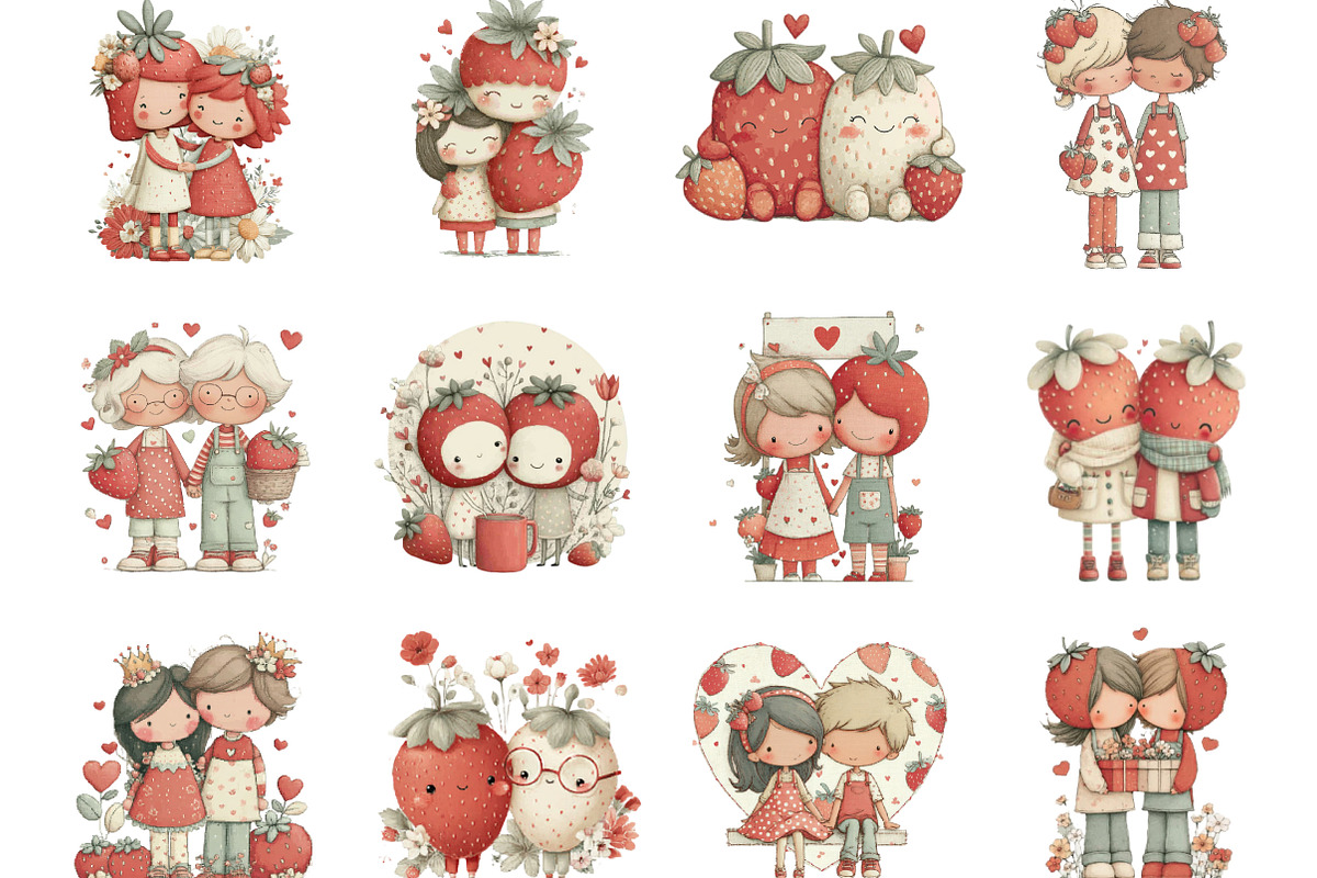 Whimsical Strawberry Couple Clipart, an Illustration by Designking (Photo 3 of 5)