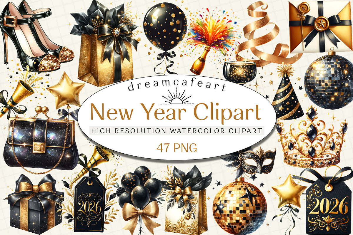 Black & Gold New Year Clipart, an Illustration by DreamCafeArt (Photo 1 of 8)