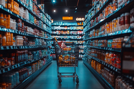 Grocery Shopping Cart Aisles Full Of, a Background Photo by Pixeness
