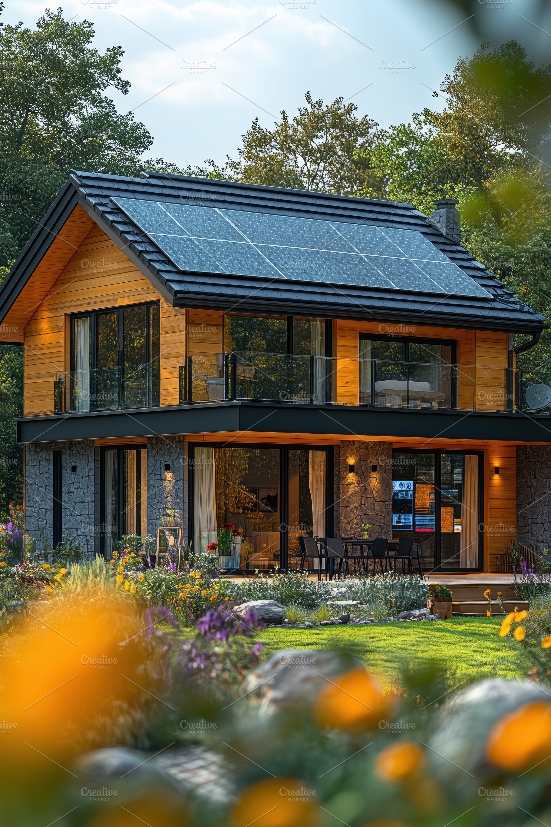 A modern house with solar panels on the roof, surrounded by a lush garden fille, an Industrial Photo by Textures & Backgrounds