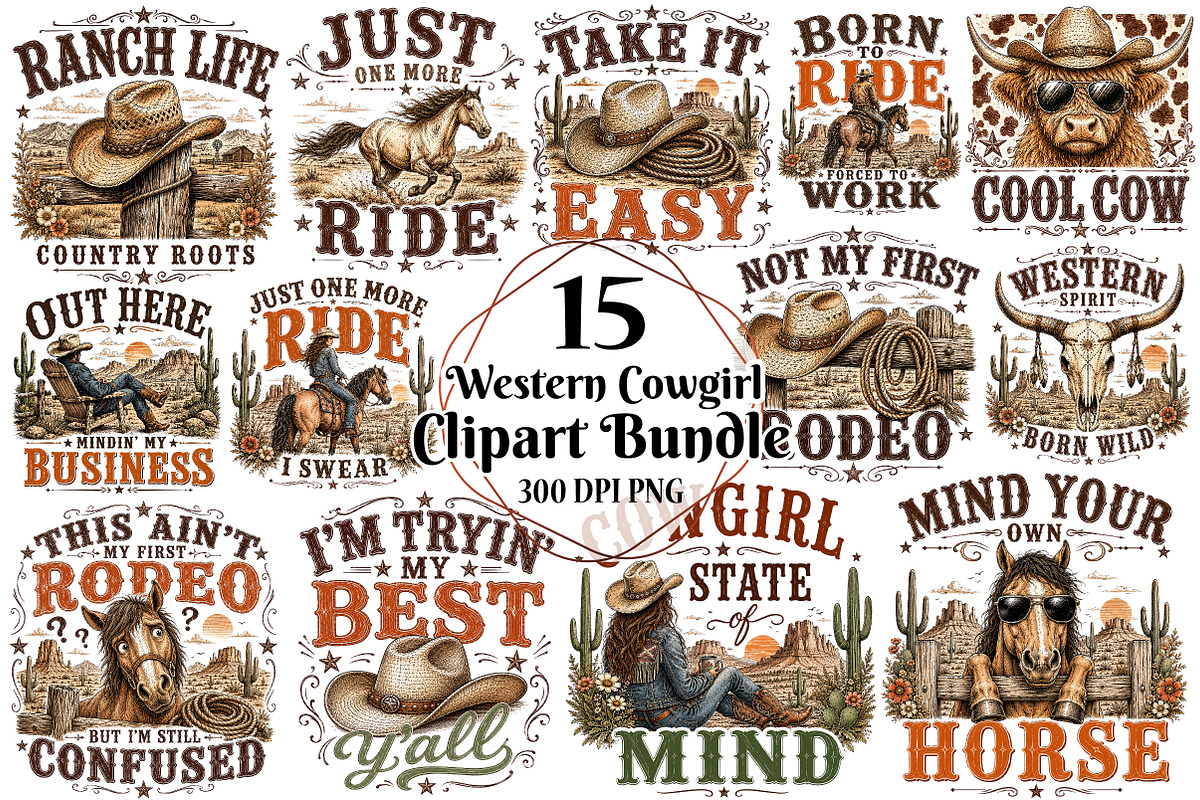 Western Cowgirl PNG Clipart Bundle, a Seasonal Illustration by OK Design (Photo 1 of 6)