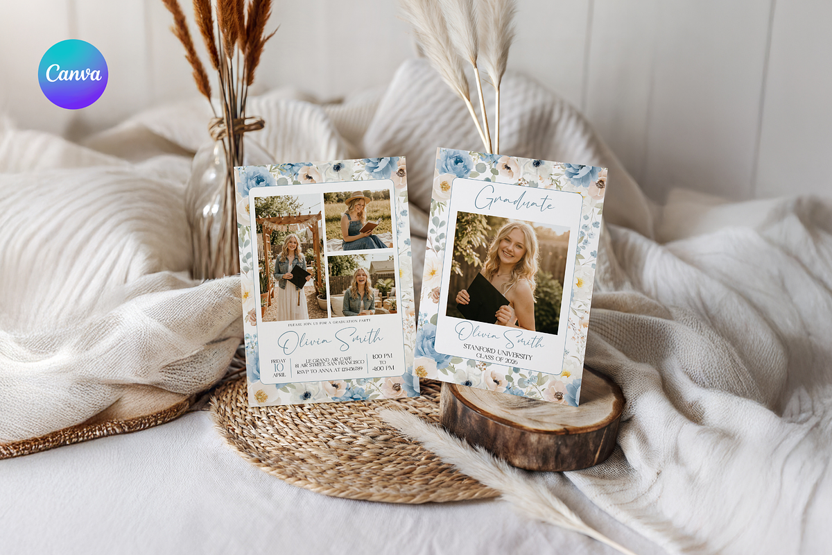 Dusty Blue Floral Graduation Invite, an Invitation Template by MockupWizard (Photo 1 of 3)