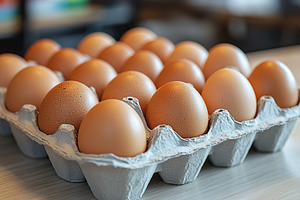 Rows of brown eggs in a carton ready for cooking or baking in a kitchen setting, a Food & Drink Photo by AlyaAnd
