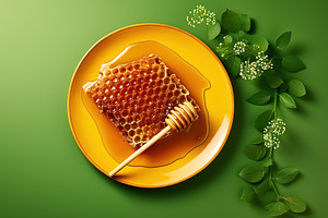 Honeycomb with honey and honey dipper on green background, a Food & Drink Photo by AlyaAnd