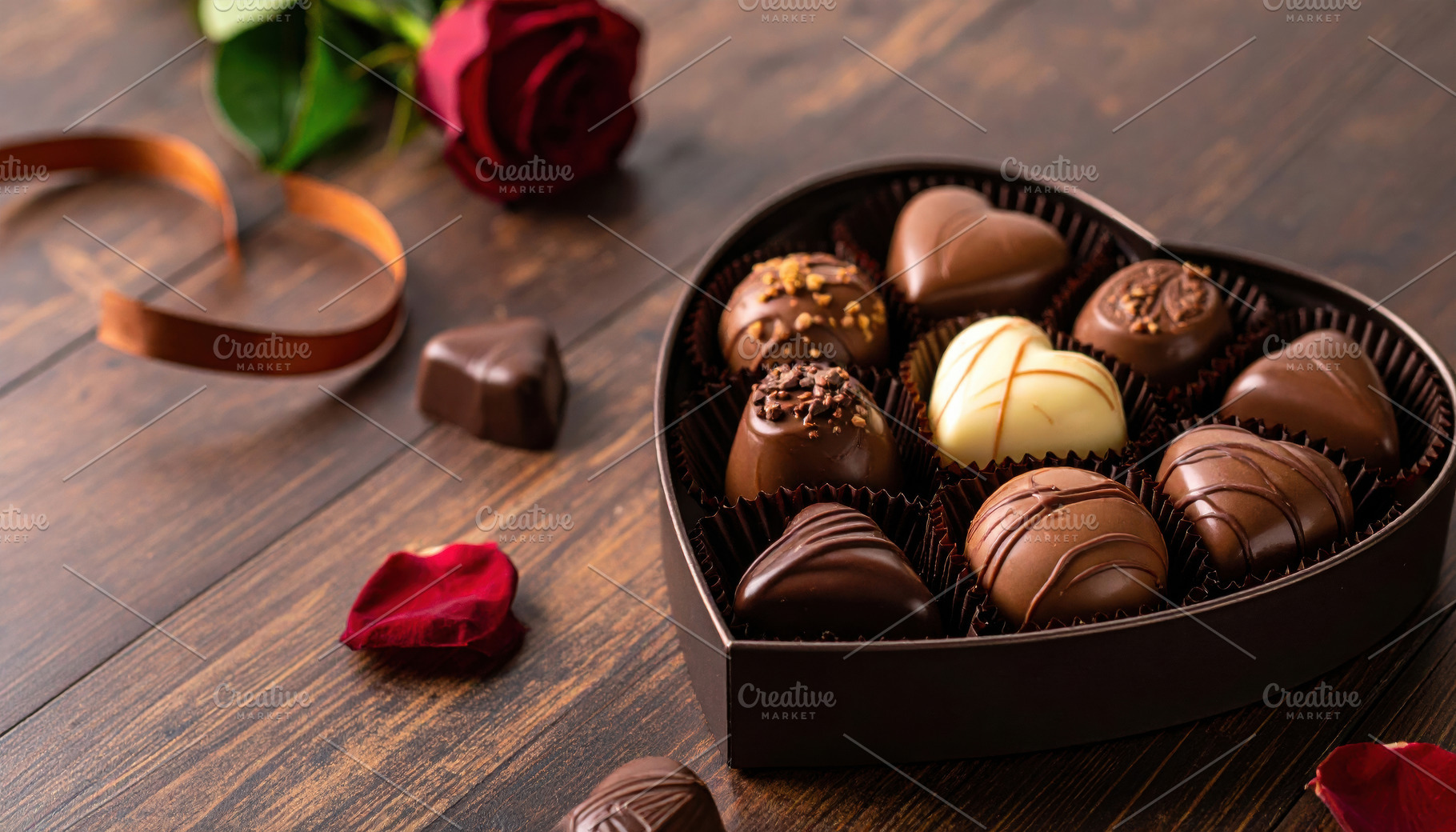 Heart Chocolate Box with Rose on Wooden Table, a Food & Drink Photo by Davizro's Market