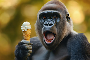 Funny gorilla eating ice cream on blurred background, an Animal Photo by AlyaAnd