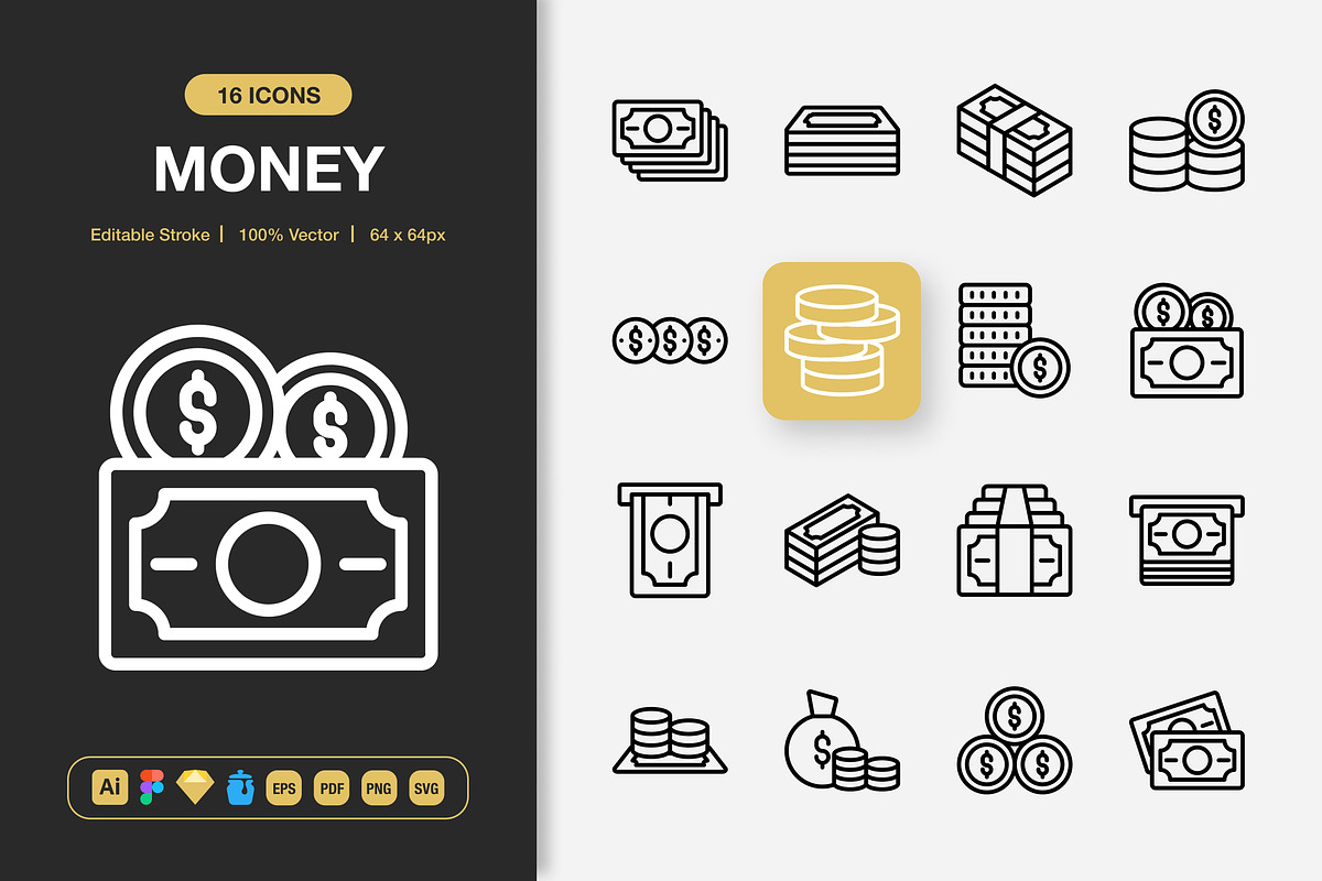 Money Icons, an Outline Icon by Spacepixel Creative