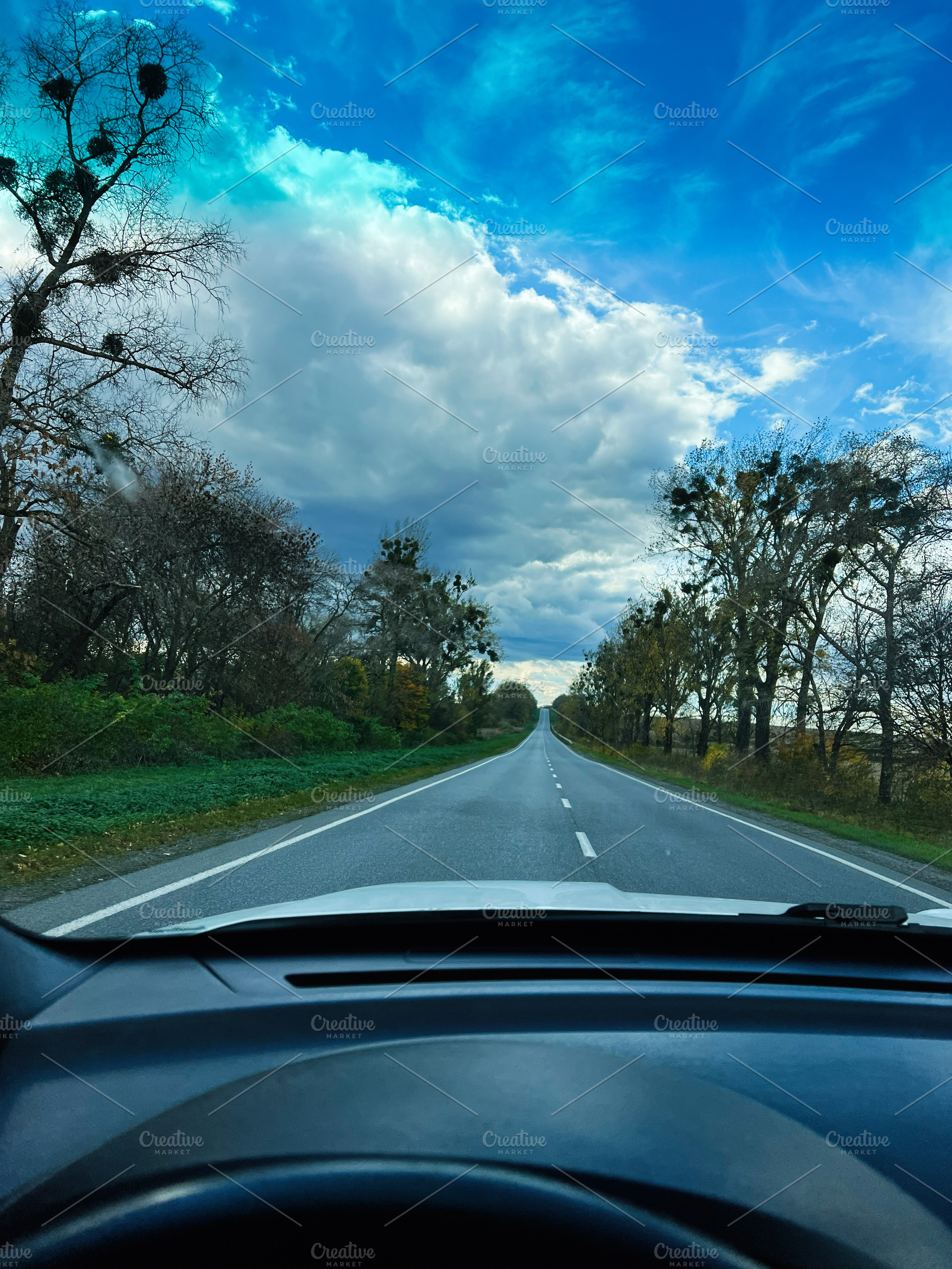 Open road ahead through trees under dramatic blue sky and dramatic clouds, view, a Photo by AS photostudio