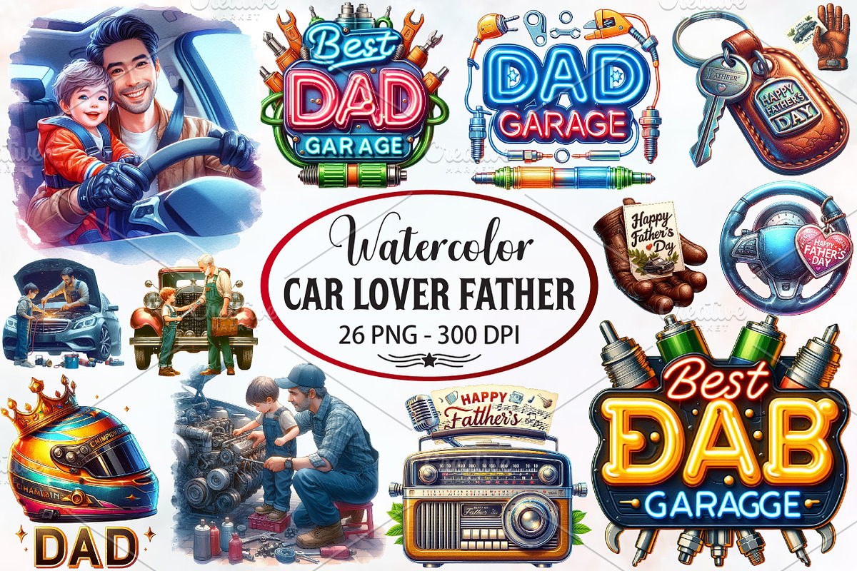 Car Lover Fathers Day Watercolor Cli, a Seasonal Illustration by RobertsArt (Photo 1 of 4)
