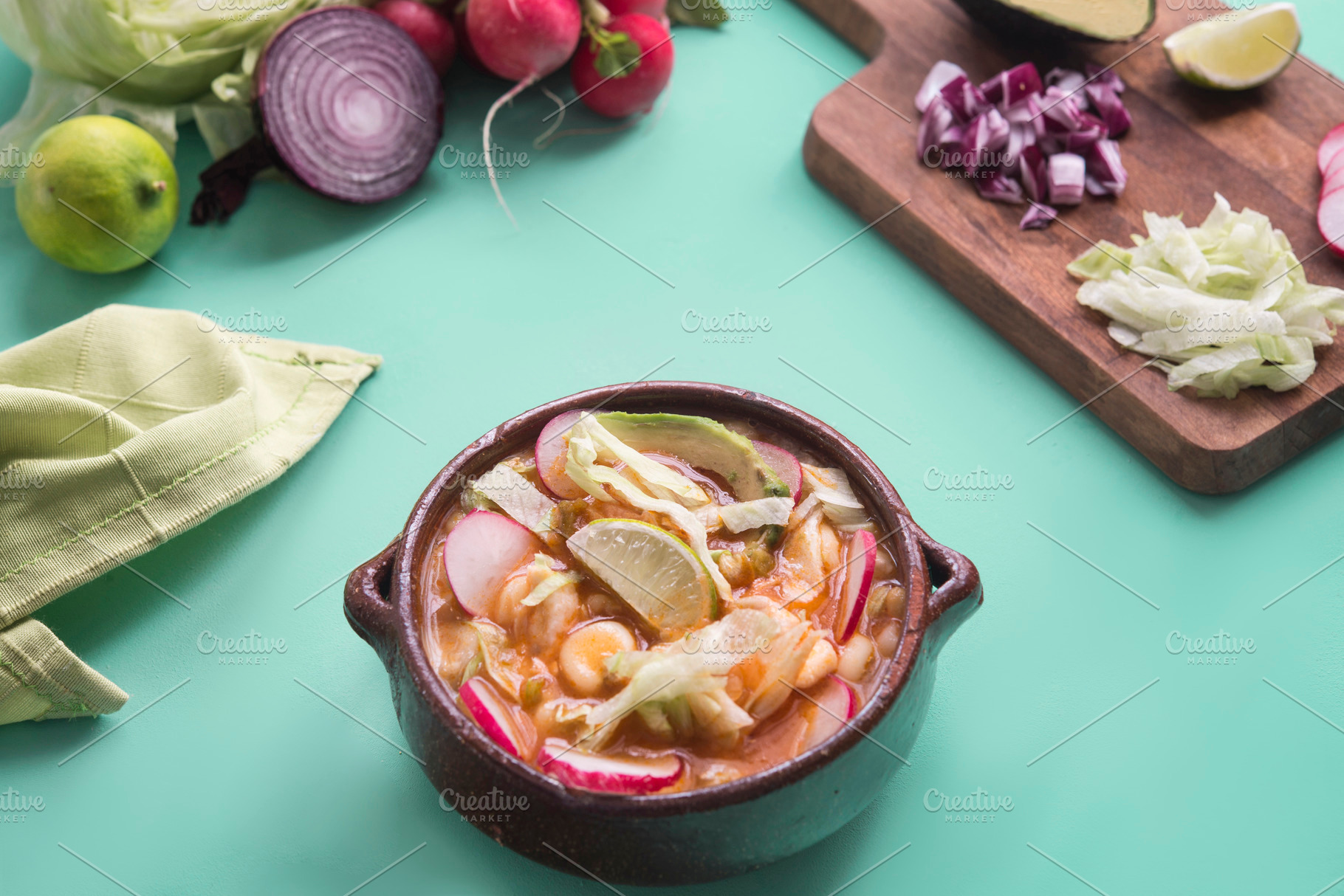 Pozole typical mexican food containing chile, chili, and colorful, a Food & Drink Photo by DalaiFood