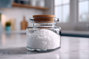 A close-up of a glass jar filled with coarse salt, set on a marble countertop,, a Business Photo by ImageMir
