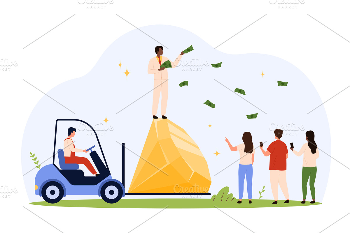 Rich winner standing on giant gold, a Finance Illustration by Flashvector