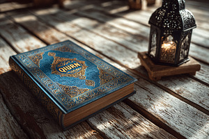 Blue Quran book with gold details, a Background Photo by shahsoft