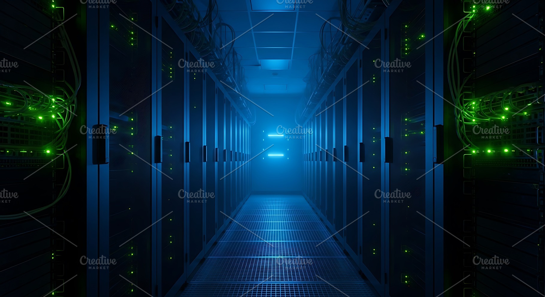 A dimly lit server room with rows of, a Technology Photo by Artonix