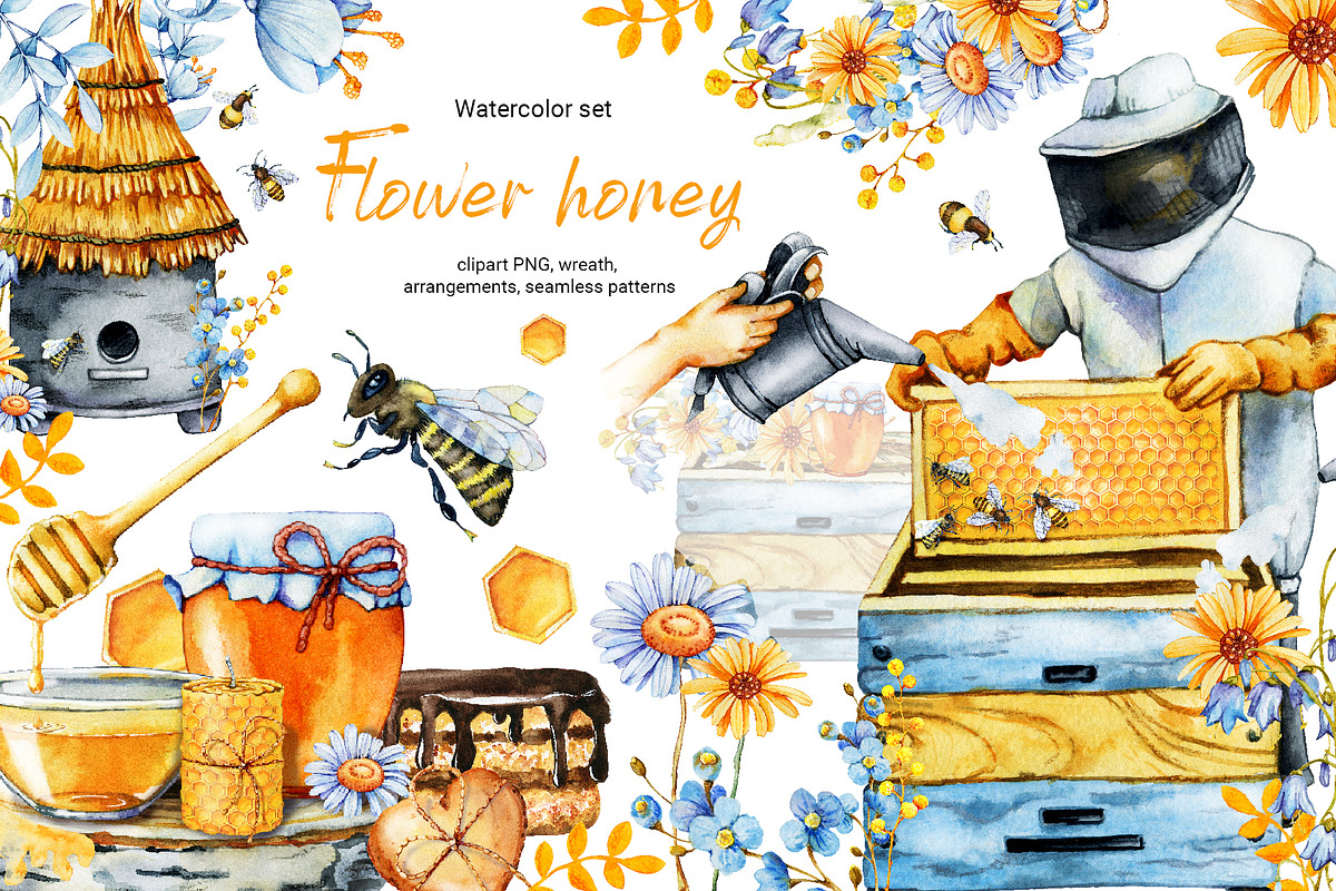 Flower honey watercolor clipart, a Food Illustration by Artmanata (Photo 1 of 17)