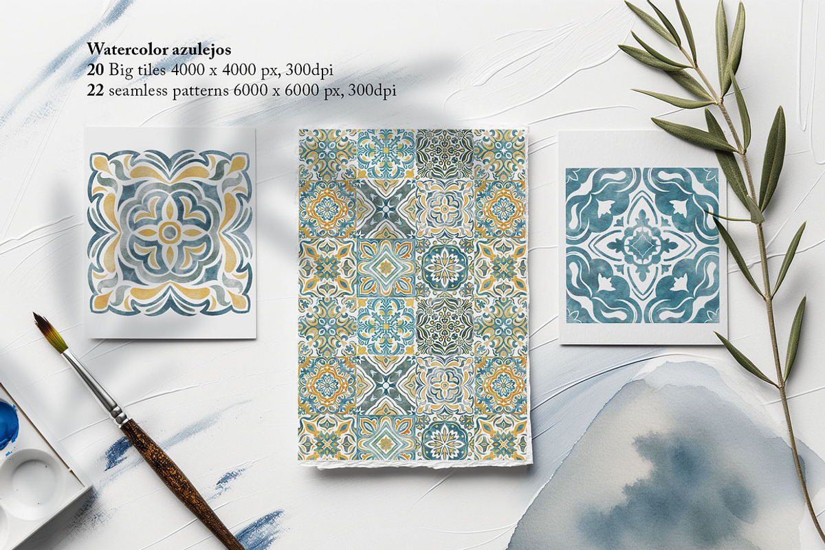 Azulejos watercolor tiles & Patterns, a Pattern Graphic by Jenny Quince (Photo 2 of 12)