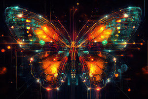 A vibrant, digitally rendered butterfly with glowing orange and blue patterns,, an Animal Photo by Textures & Backgrounds