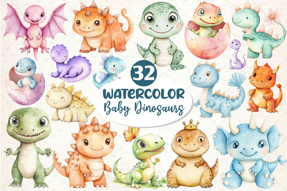 Dinosaurs Watercolor Clipart, an Illustration by Dream Creation (Photo 1 of 5)