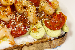 Served toast nutrition recipe prawn tomatoes sauce, a Food & Drink Photo by Photo Drive Studio