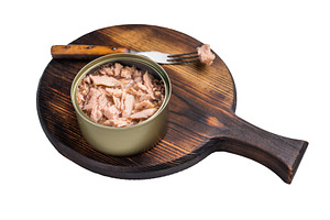 Freshly opened tinned tuna, showcasing its rich texture and fla, a Food & Drink Photo by composter-box@mail.ru