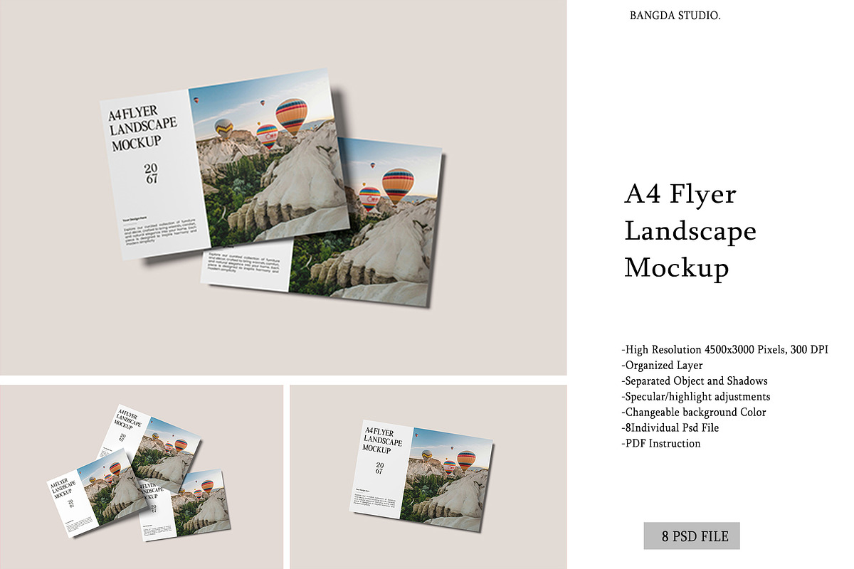 A4 Flyer Landscape Mockup, an Advertising Mockup by Bangdastudio (Photo 1 of 9)