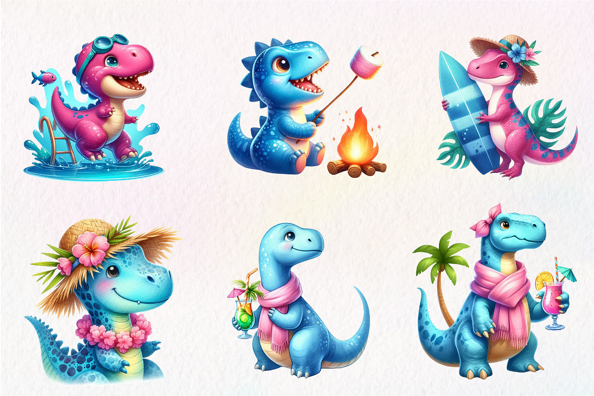 Summer Dinosaur Watercolor Clipart, an Illustration by CreationArt (Photo 3 of 9)
