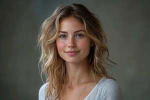 Young woman with wavy hair smiles wa, a Photo by Tanuart