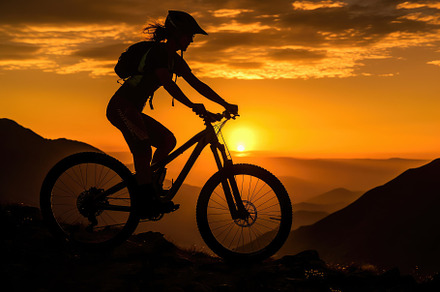 A low angle, her silhouette framed against the sunset, mountain, a Sports & Recreation Photo by designvectx