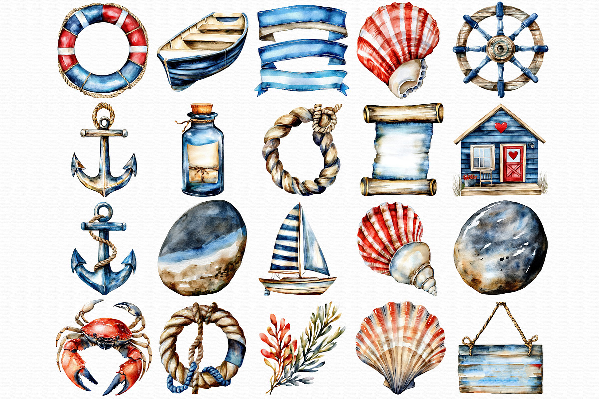 Watercolor sea set Clipart, an Illustration by Libby Wishes (Photo 2 of 7)