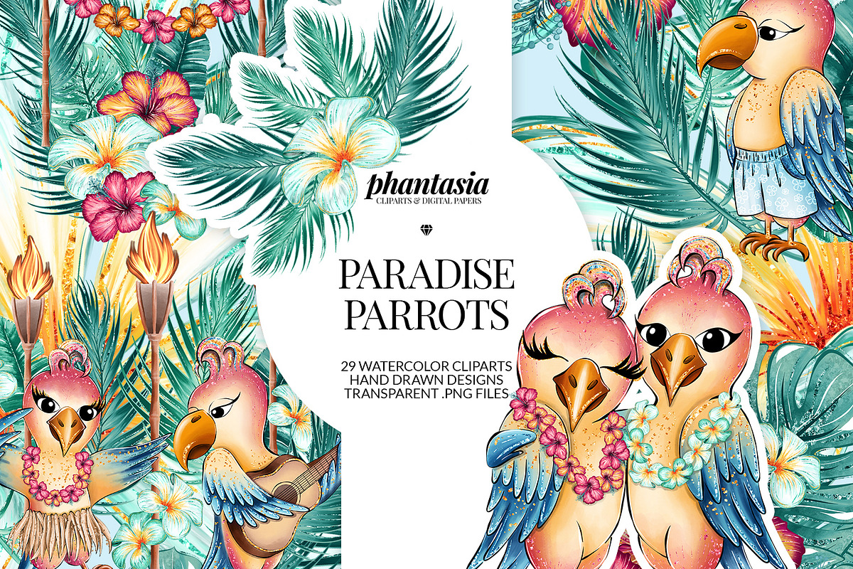 Cute Parrots Watercolor Cliparts, an Animal Illustration by Phantasia Design (Photo 1 of 8)