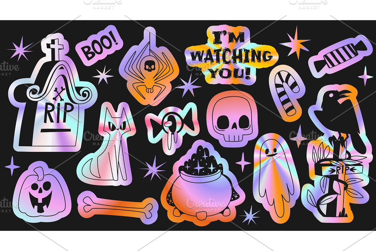 Halloween holographic stickers with, an Illustration by art PVP - market