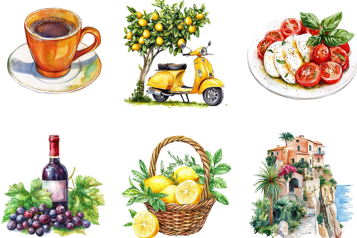 Watercolor Italian Summer Clipart, an Illustration by Designking (Photo 5 of 5)
