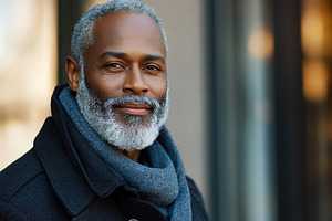 Mature man outside wearing a black coat and gray scarf with a smile, a Person Photo by AlyaAnd