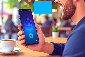 Person engages with an AI assistant on their smartphone at coffe, a Technology Photo by DanFLCreativo