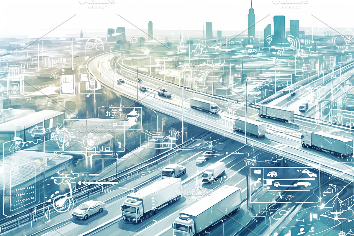 Smart highways and integrated systems showcasing future urban transportation co, an Illustration by AS photostudio