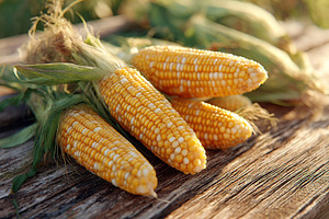 Fresh sweet corn cobs with husks displayed on rustic wooden surface in natural, a Food & Drink Photo by AlyaAnd