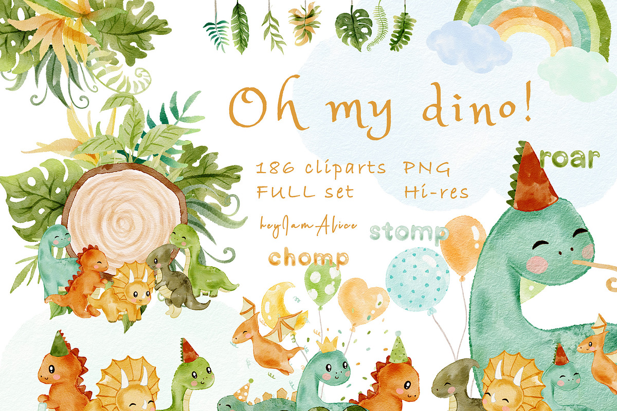 Baby dinosaur watercolour clipart, an Animal Illustration by heyiamalice (Photo 1 of 13)